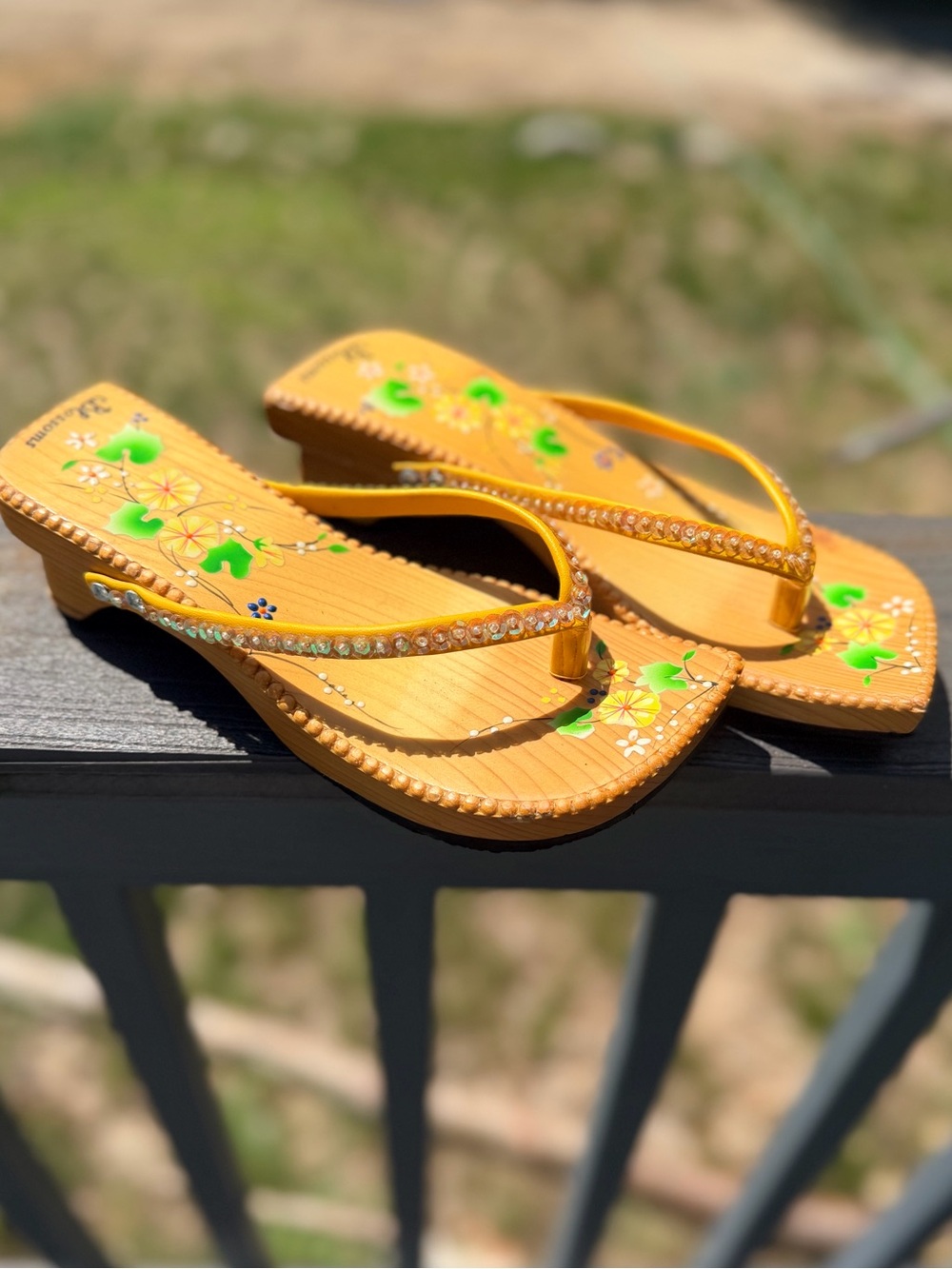 Hand Painted Blossoms Wooden Women's Yellow Floral Wedge Flip Flop Sandals